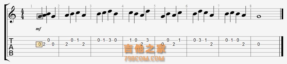 指弹吉他(6)-五个音GABCD,3弦2弦1弦手指入门练习、