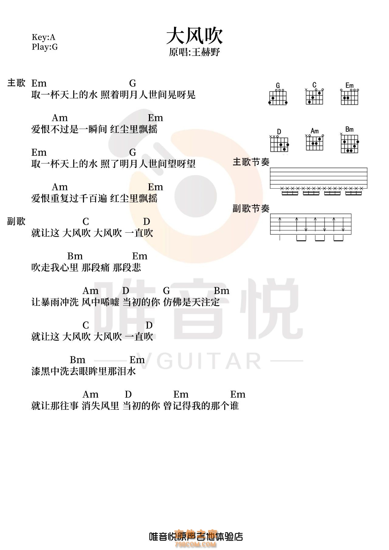 大风吹 超简单版吉他谱及教学视频 唯音悦吉他社