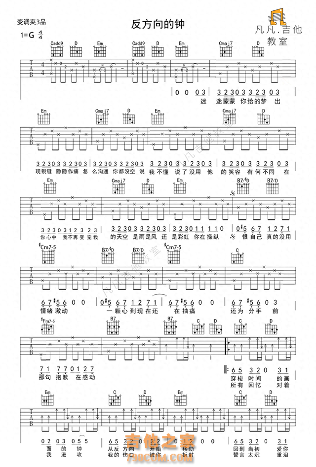免费吉他谱「反方向的钟」周杰伦，有详细教学