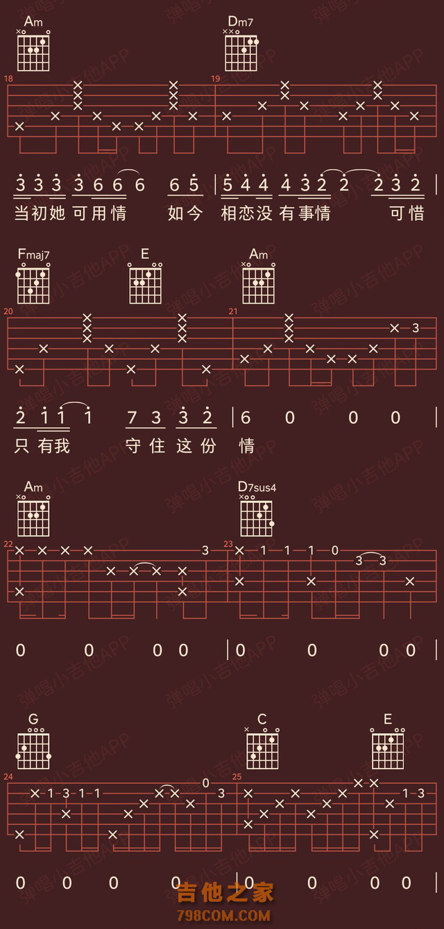 好谱分享：不该用情 - 莫叫姐姐 吉他谱C调简单版